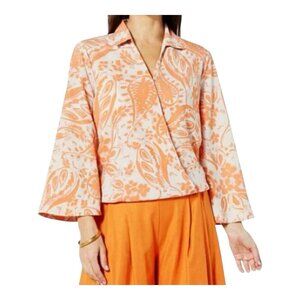 Everyday Jones Paisley Orange Beige Blouse Large Crossover Long Sleeves Collared